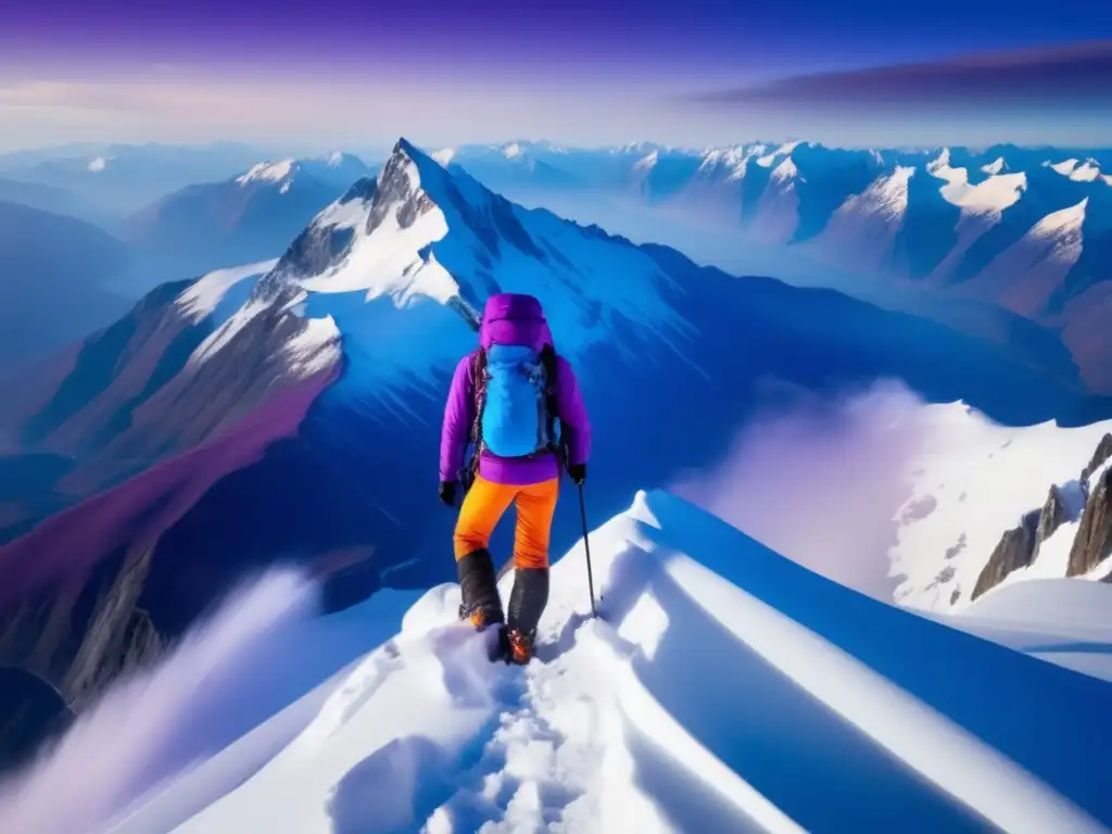 Equipamiento de alta montaña esencial, montañero en pico nevado con vista panorámica