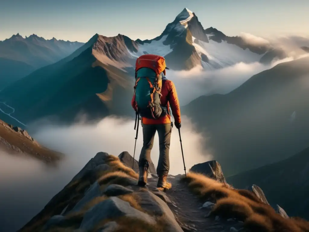 Hiker en la cima de una montaña, con accesorios senderismo calidadprecio