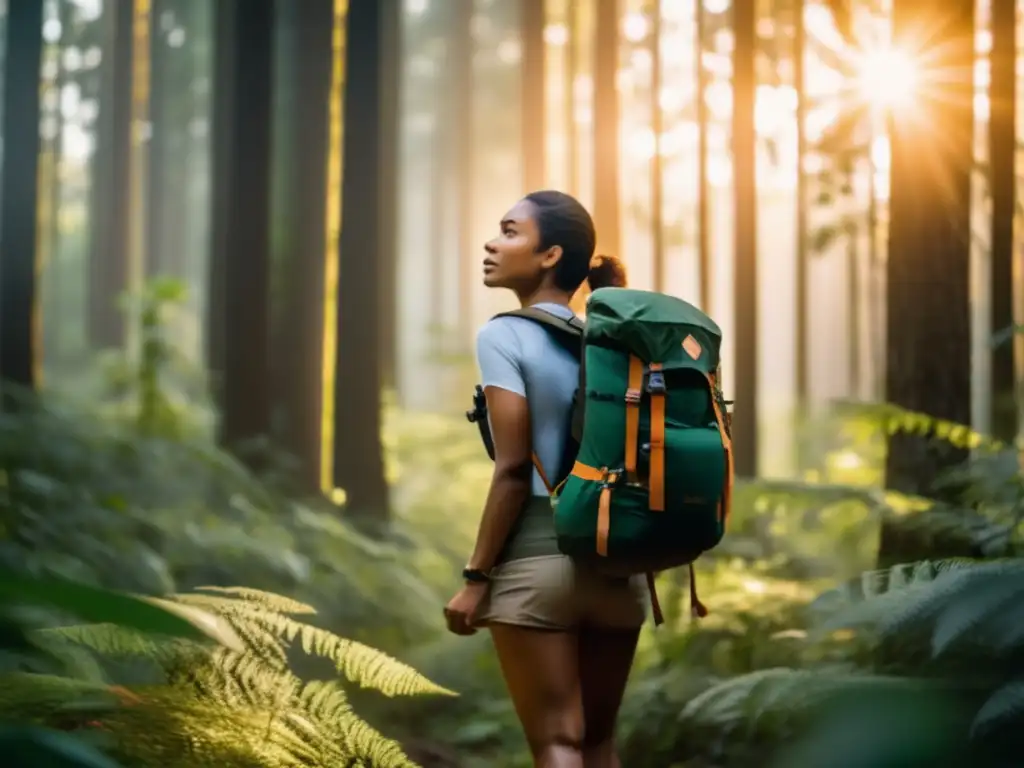 Mujer segura en bosque, equipo supervivencia, horizonte