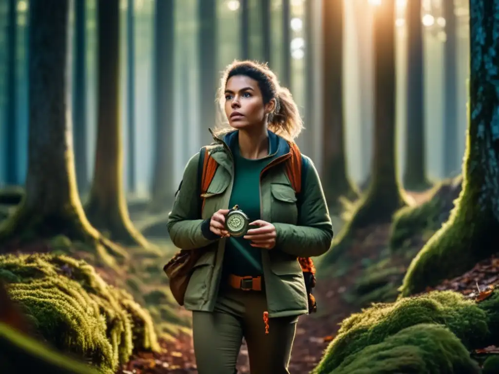 Mujer empoderada en bosque, técnicas de supervivencia en la naturaleza para mujeres