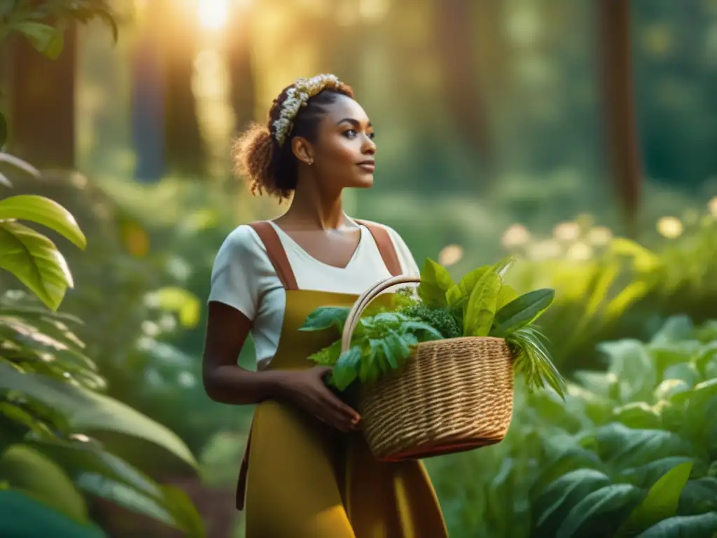 Un aventurero culinario explora plantas comestibles en un bosque vibrante