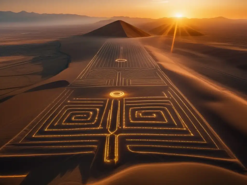 Descubre los secretos de las líneas de Nazca en esta imagen 8k, donde el sol ilumina estas enigmáticas figuras grabadas en el desierto