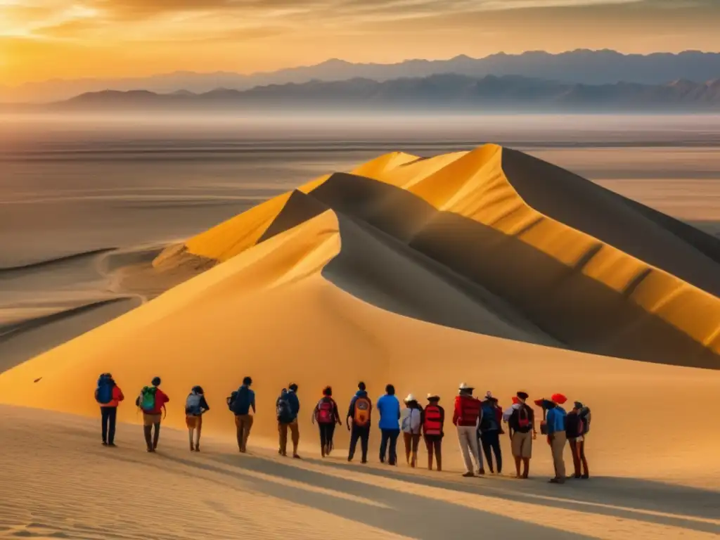 Paisaje desértico de Nazca en Perú con las enigmáticas Líneas de Nazca y senderistas maravillados