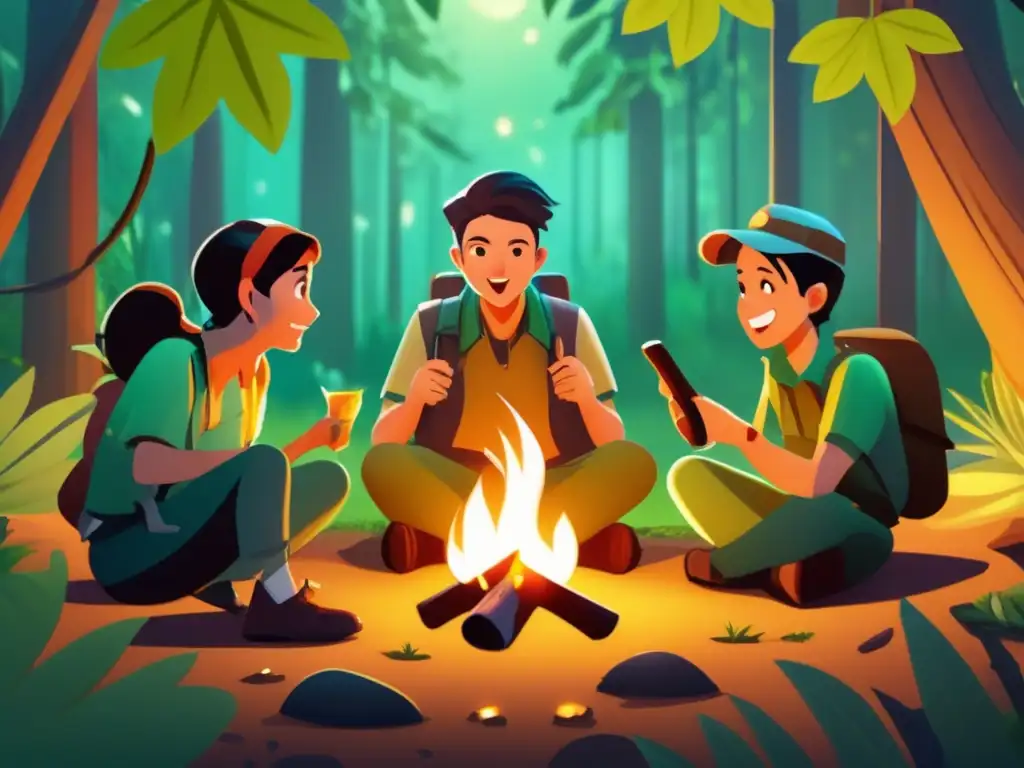 Niños en campamento rodeados de naturaleza aprendiendo sobre el medio ambiente