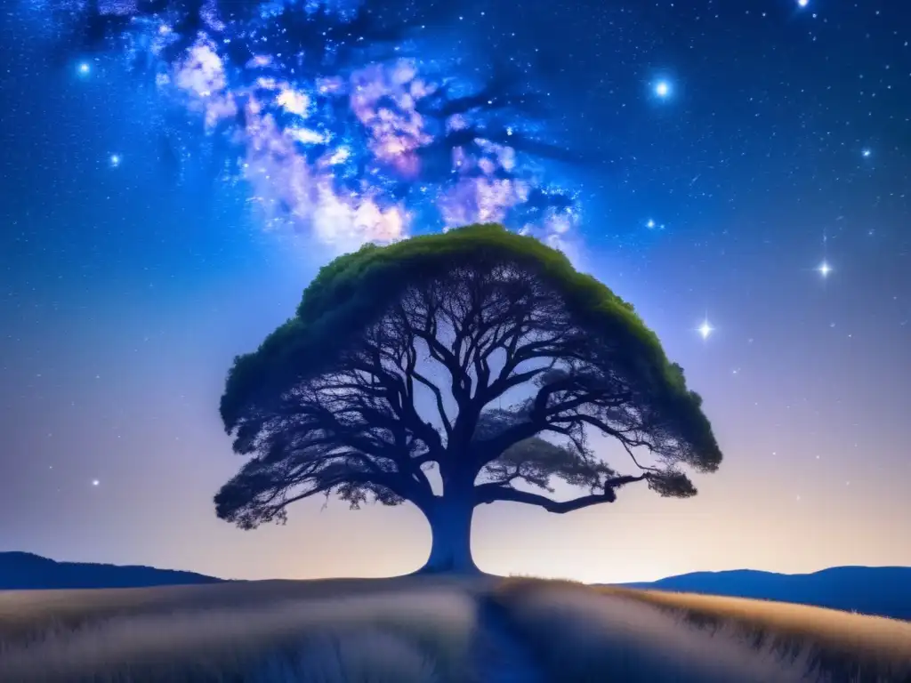 Historias misteriosas del mundo natural bajo un cielo estrellado con árbol luminoso y criaturas enigmáticas