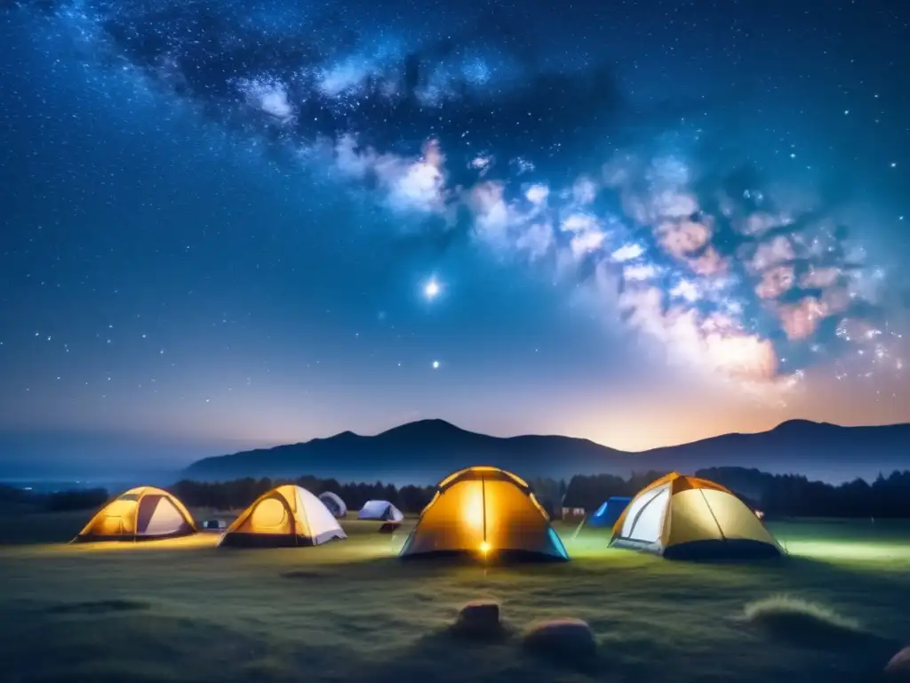 Zonas de acampada para observadores estrellados en una impactante imagen 8k: cielo estrellado, Vía Láctea, constelaciones, tiendas, fogata