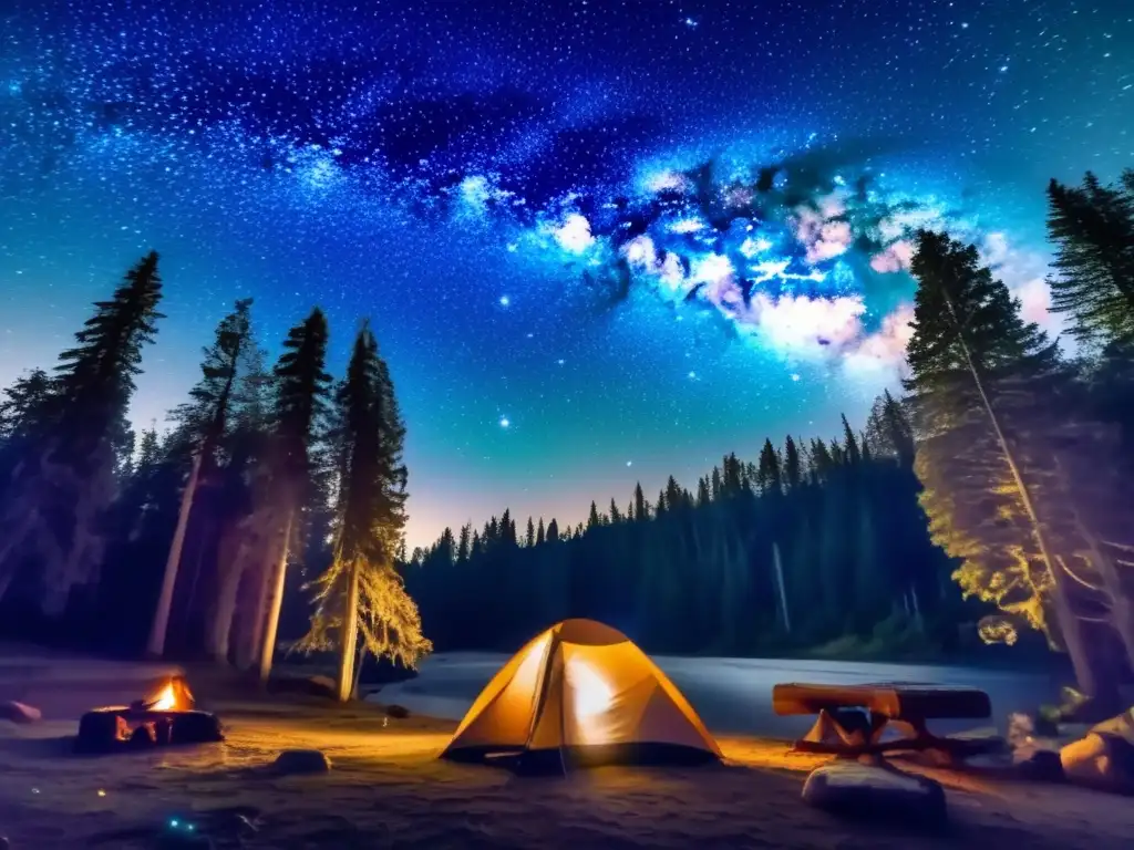 Guía orientación nocturna camping: Cielo estrellado, campamento entre árboles con fuego, constelaciones, Vía Láctea, aventura mágica