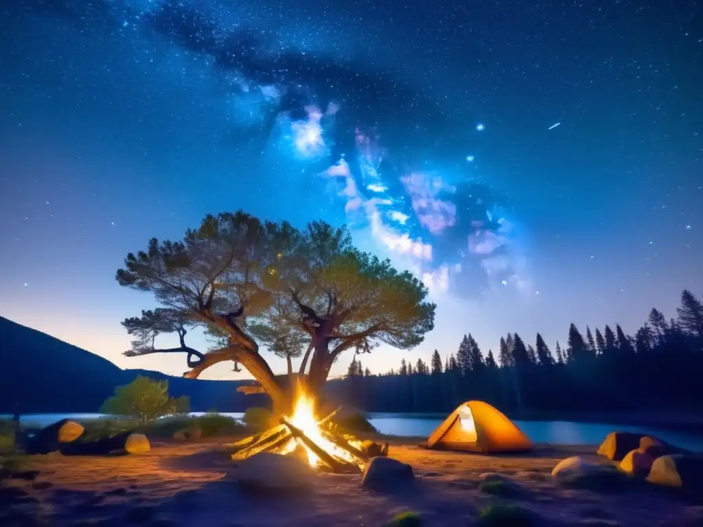 Técnicas ancestrales de acampada mística en un bosque sereno al anochecer, bajo un cielo estrellado con árboles antiguos