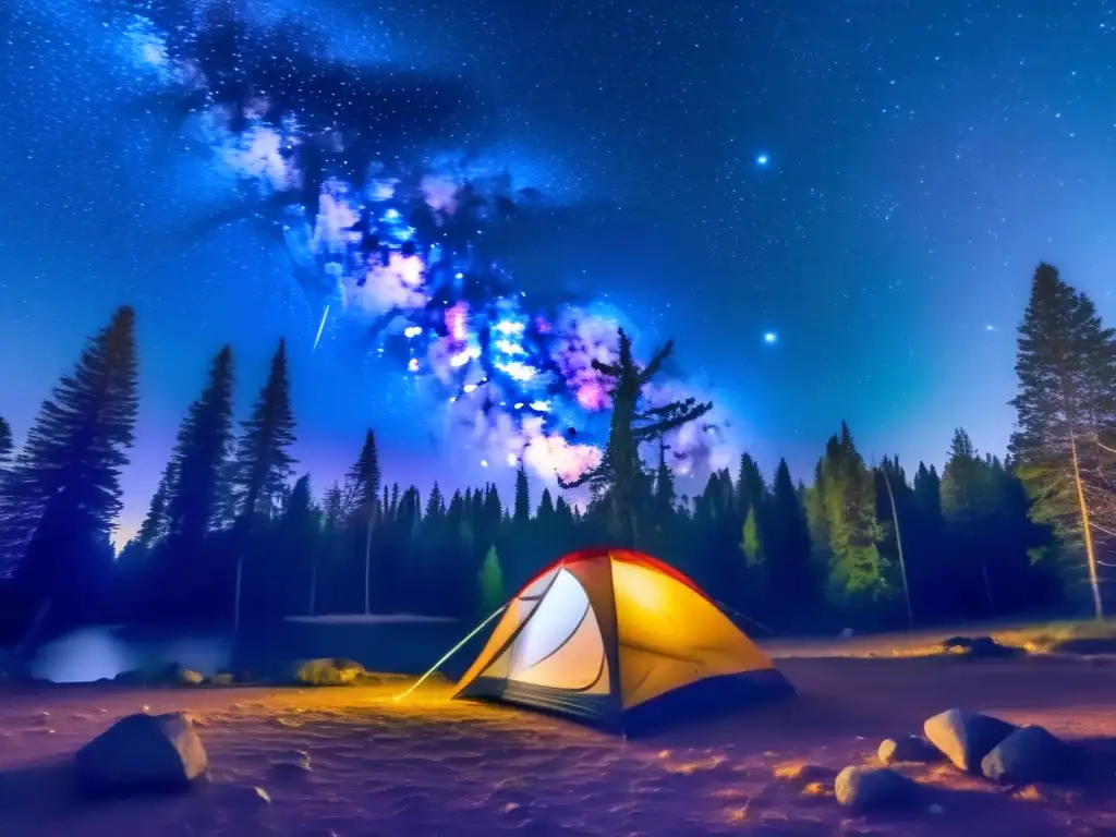 Fotografía de la Vía Láctea en camping: Noche estrellada con tienda de campaña en bosque