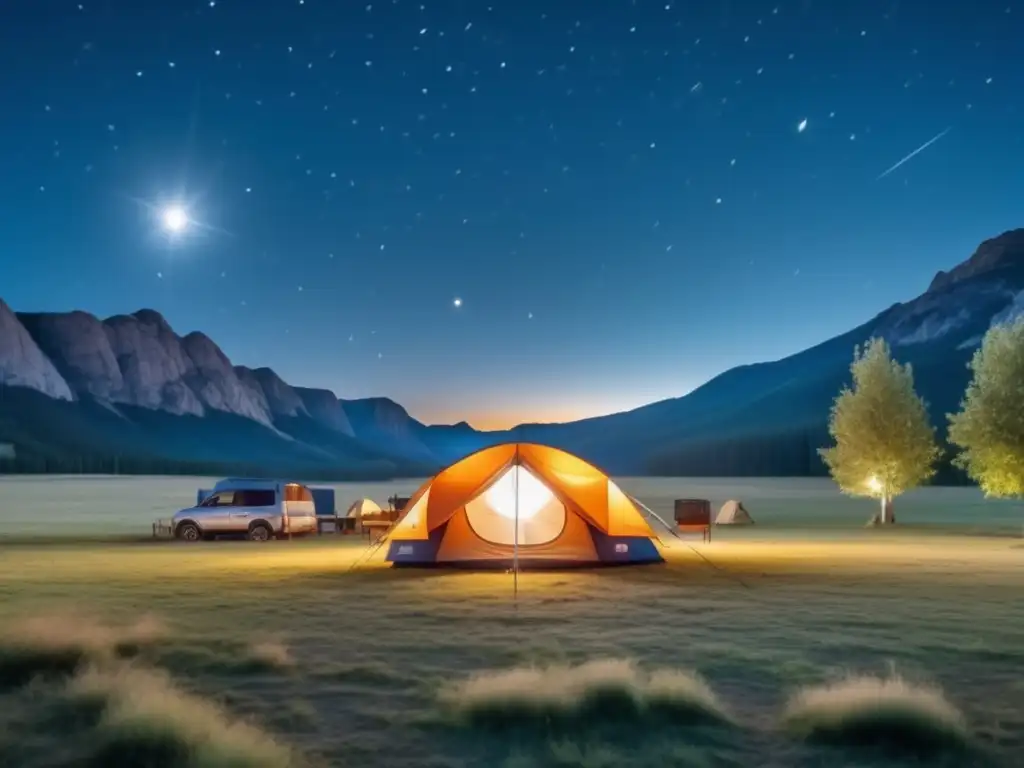 Observación estrellas y cometas en acampada con campo, tienda y telescopio en noche estrellada