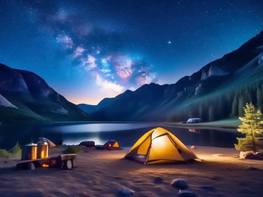 Fotografía nocturna senderismo camping: Noche estrellada sobre campamento en montañas