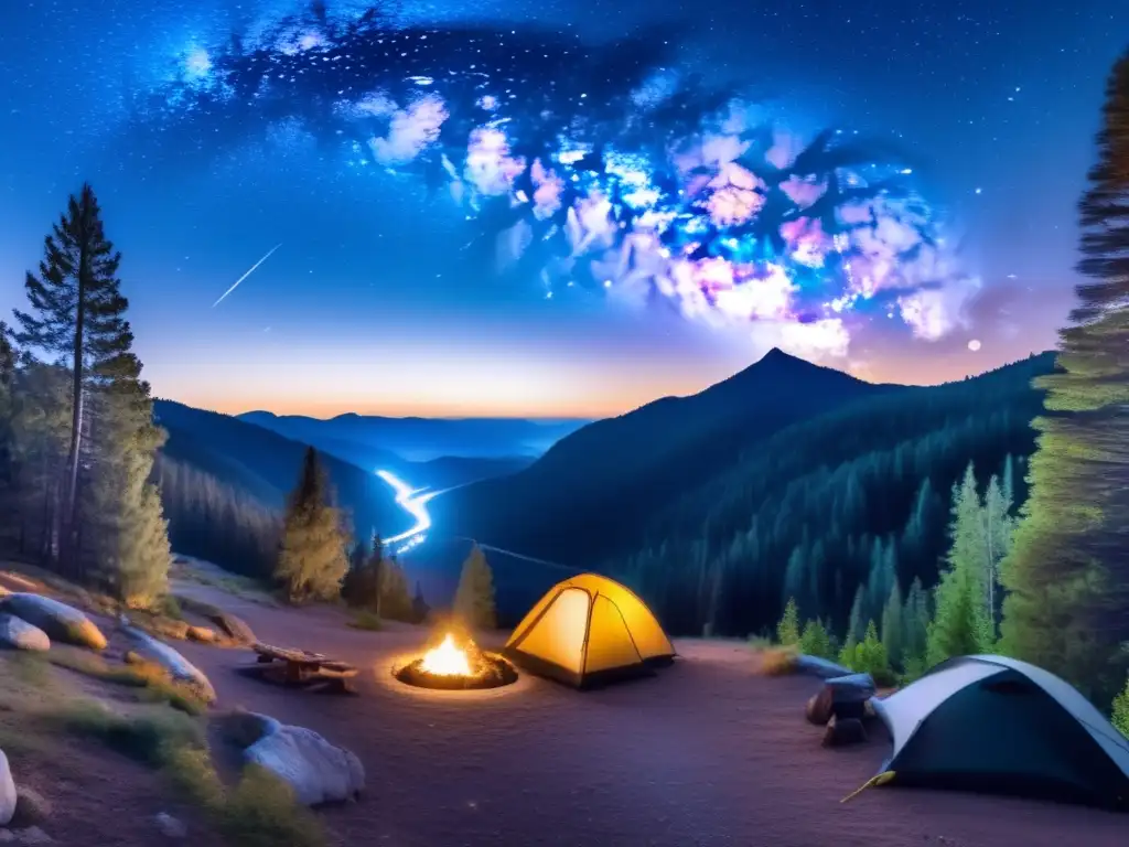 Capturar estrellas fugaces: consejos senderismo en un paisaje nocturno de montañas serenas con sendero rodeado de pinos, fogata y cielo estrellado