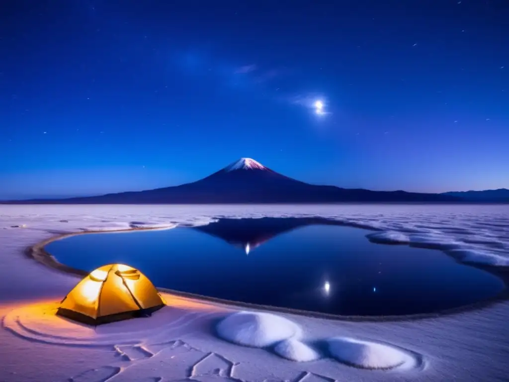 Experiencia acampada Salar Uyuni: Noche estrellada, reflejo celestial, tranquilidad bajo la luna llena