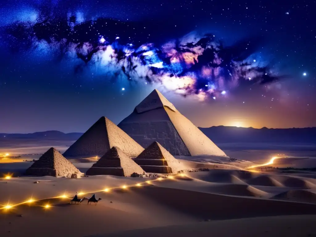 Energía ancestral pirámides Egipto acampada, noche estrellada 8k majestuosa