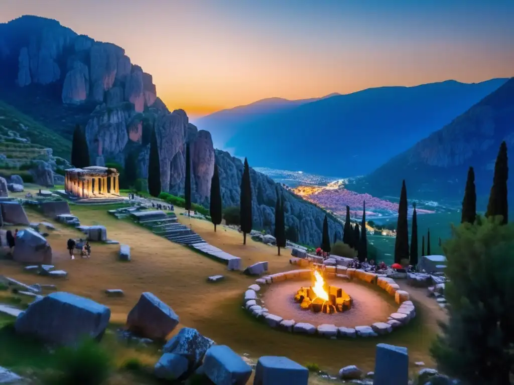 Encanto acampada antiguo santuario Delphi: majestuosas ruinas iluminadas por la suave luz dorada del atardecer, campamento acogedor y misterioso