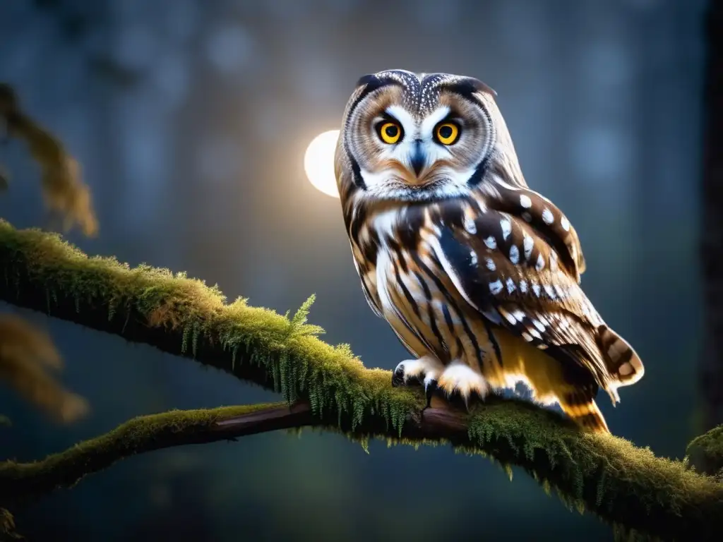 Fotografía nocturna de animales en la naturaleza: Majestuoso búho en un bosque iluminado por la luna, cautivando con su mirada