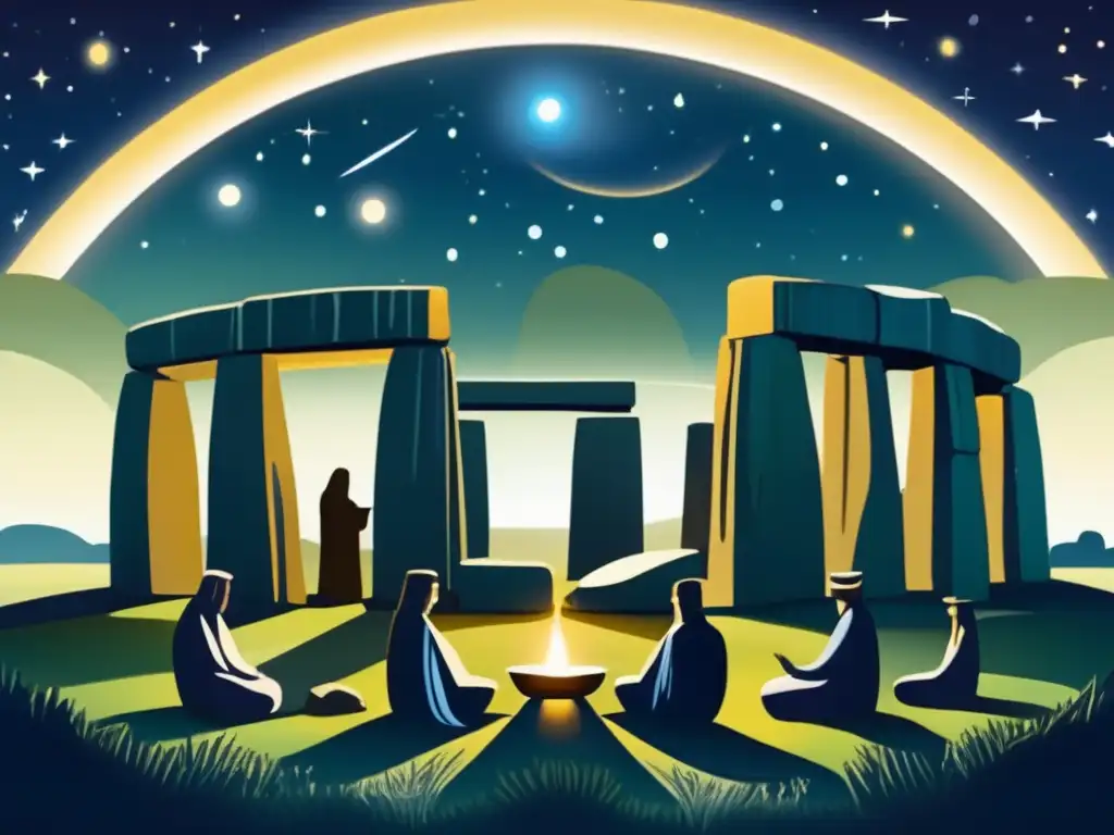 Experiencia mística acampada Stonehenge: noche estrellada, piedras ancestrales, rituales paganos y conexión espiritual