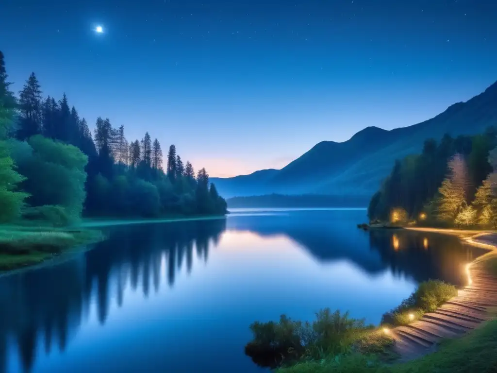 Fotografía nocturna en la hora azul con paisaje tranquilo y misterioso