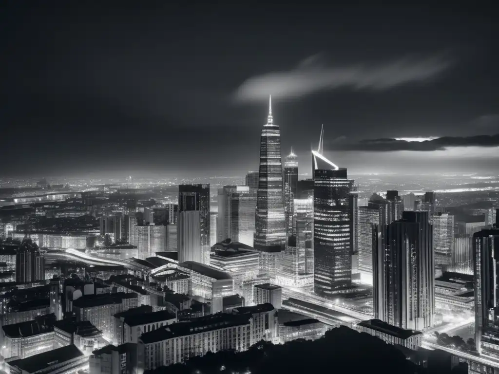 Fotografía nocturna blanco y negro de ciudad con edificios altos y luces creando contraste