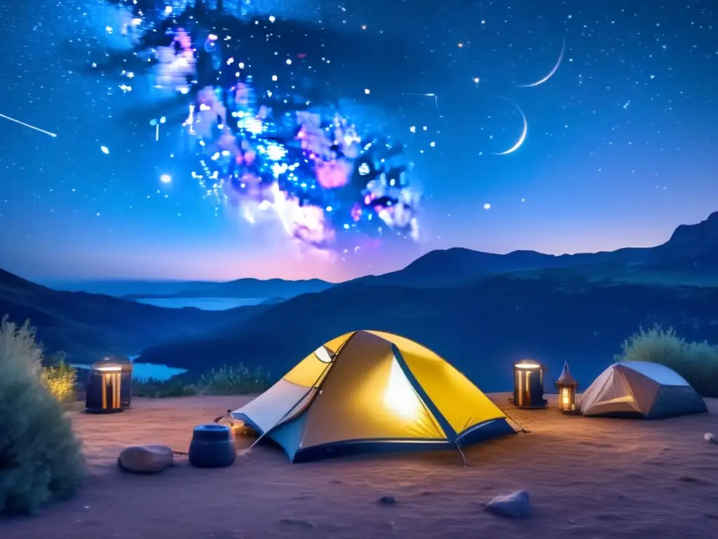 Guía orientación estelar camping en una imagen 8k impresionante, con constelaciones y una acogedora escena de camping bajo el cielo estrellado