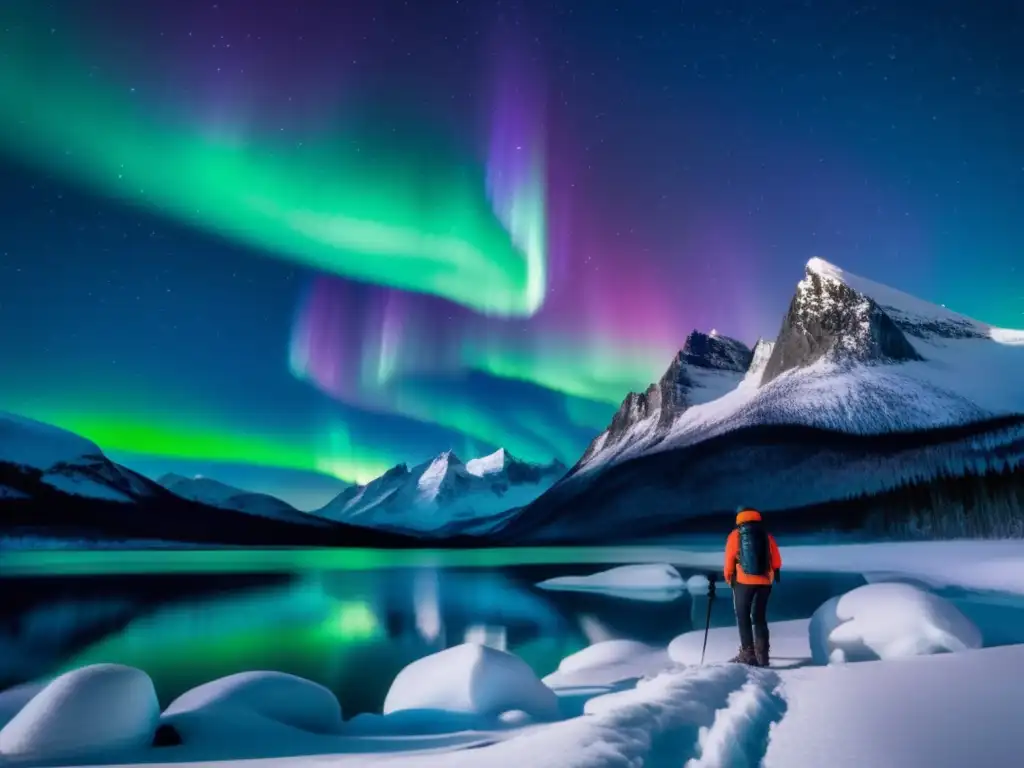 Fotografía nocturna en clima frío: Consejos prácticos - Paisaje nevado bajo auroras boreales, montañas y fotógrafo solitario