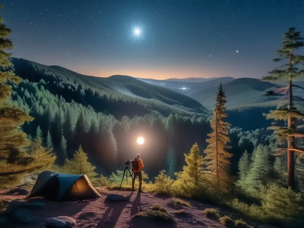 Fotografía nocturna de senderismo en el bosque, capturando la belleza de la noche