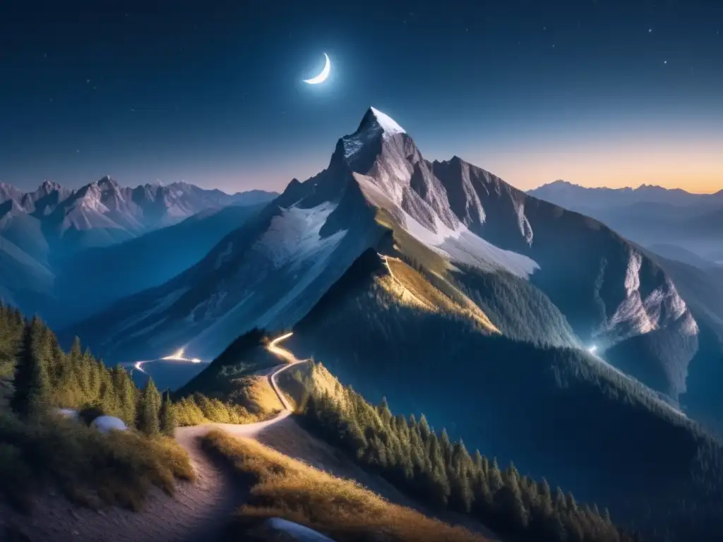 Paisaje nocturno de montaña iluminado por la luna