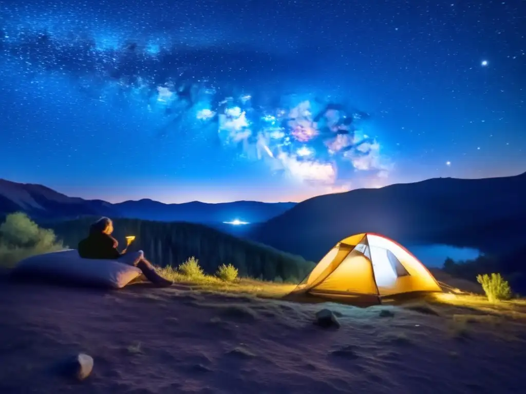 Paisaje nocturno con tienda de campaña en las mejores zonas para observación astronómica