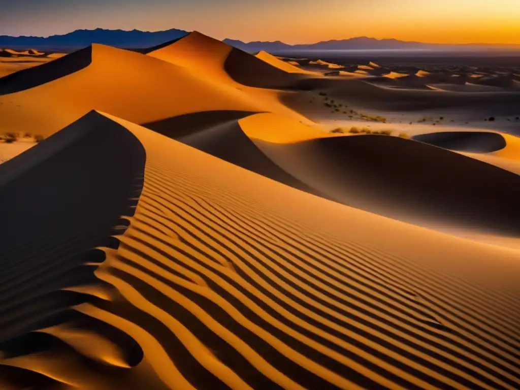 Senderismo y camping en el desierto al atardecer: un paisaje impresionante con dunas de arena, senderos, campamento y cielo estrellado