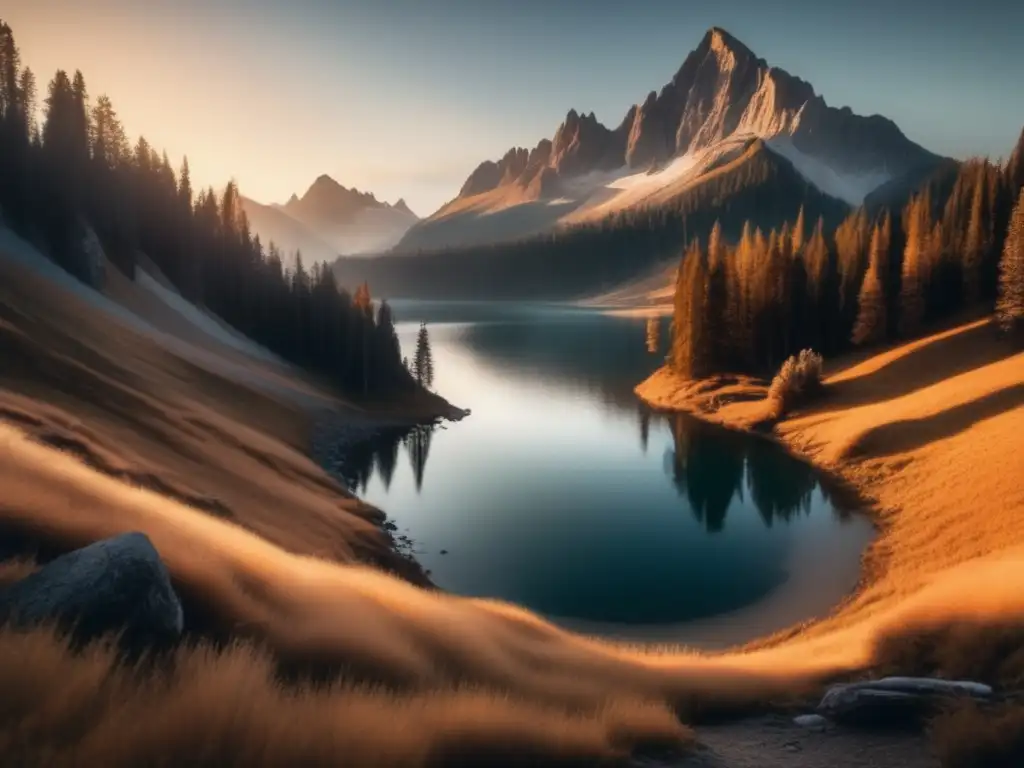 Paisaje montañoso al atardecer con lago alpino, senderista y habilidades de orientación en la naturaleza