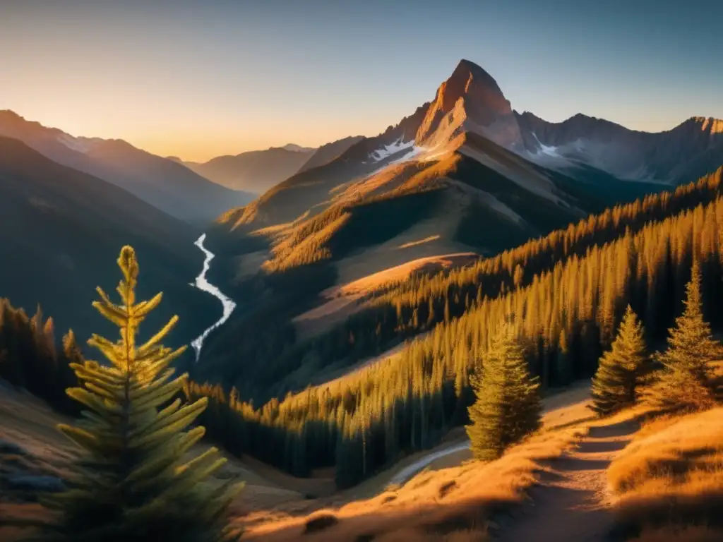 Paisaje montañoso al atardecer, senderismo y equilibrio emocional a través de la naturaleza