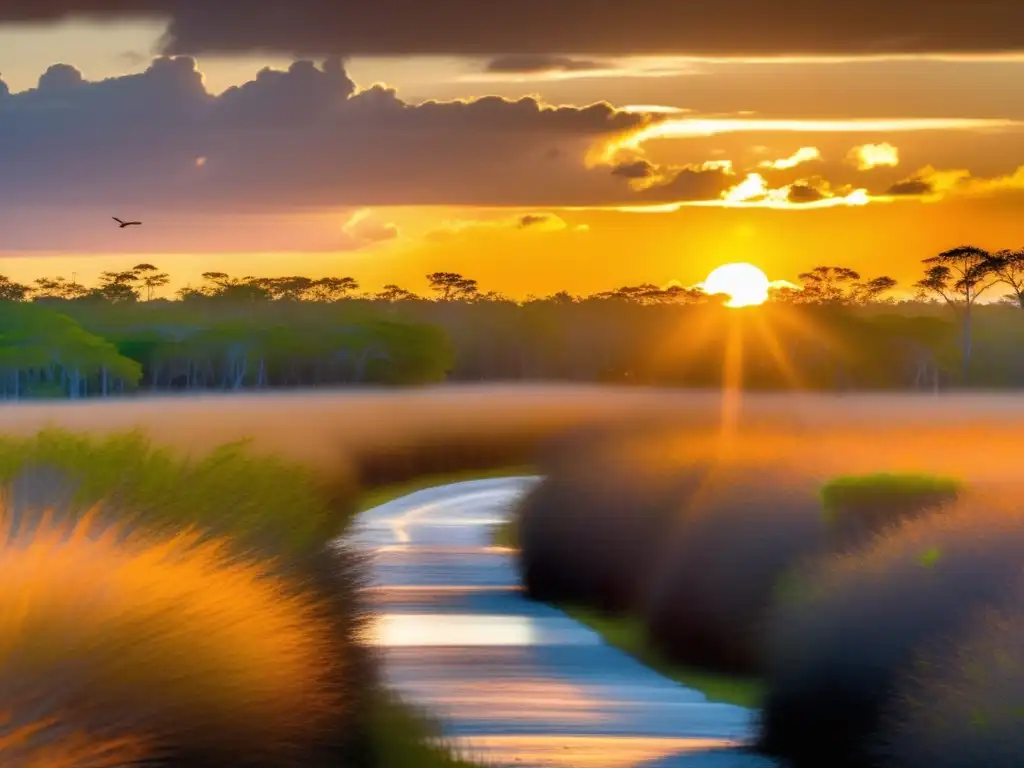 Senderismo en lugares sagrados indios Seminole al atardecer en Everglades