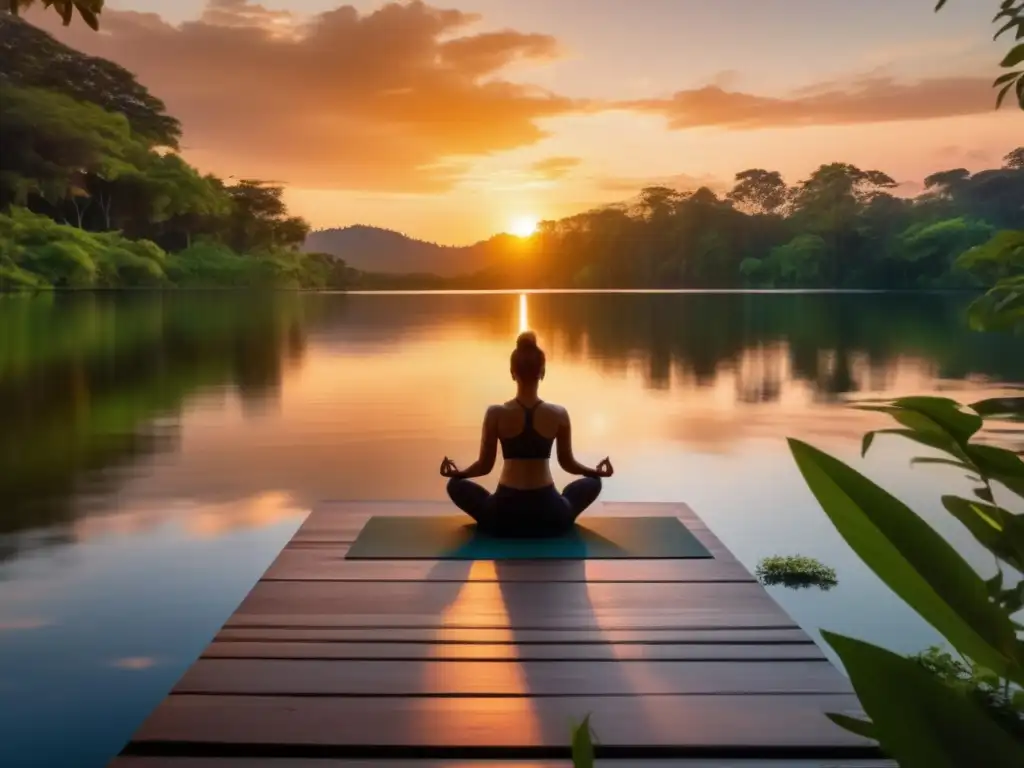 Beneficios del yoga al aire libre: Sereno paisaje natural al atardecer con practicante en pose