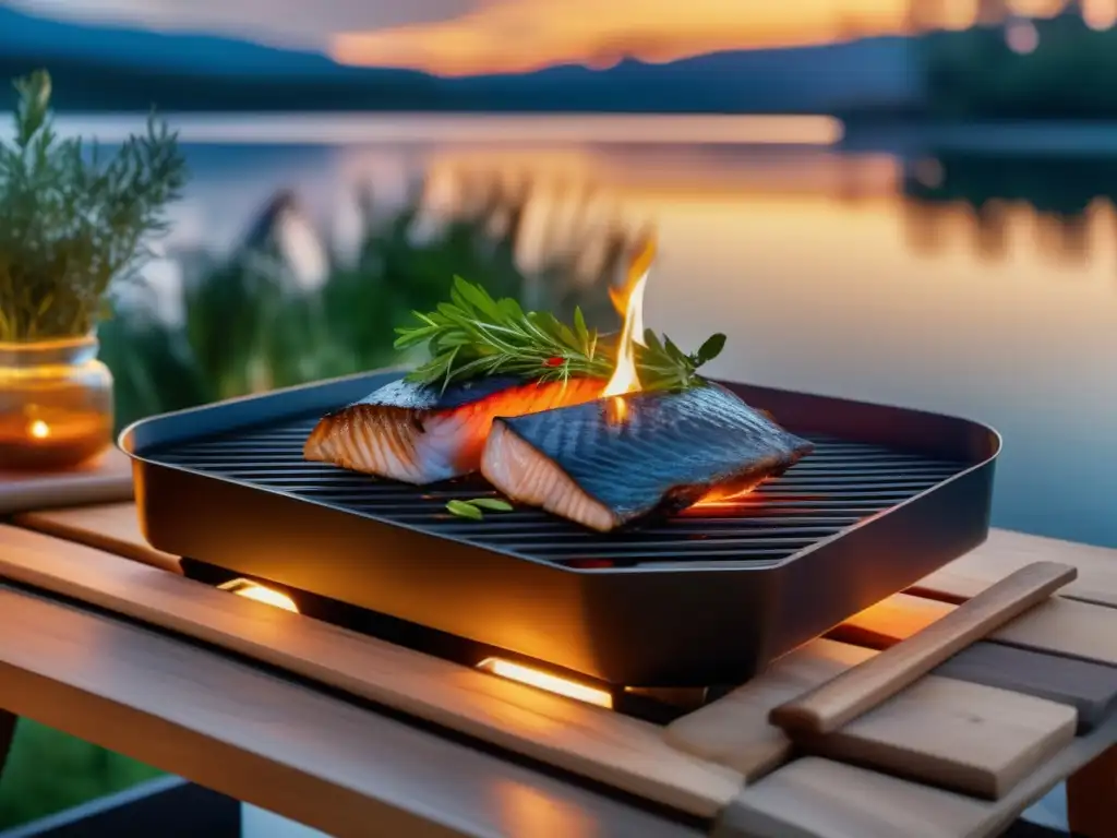 Recetas de pescado al aire libre en un entorno sereno al atardecer