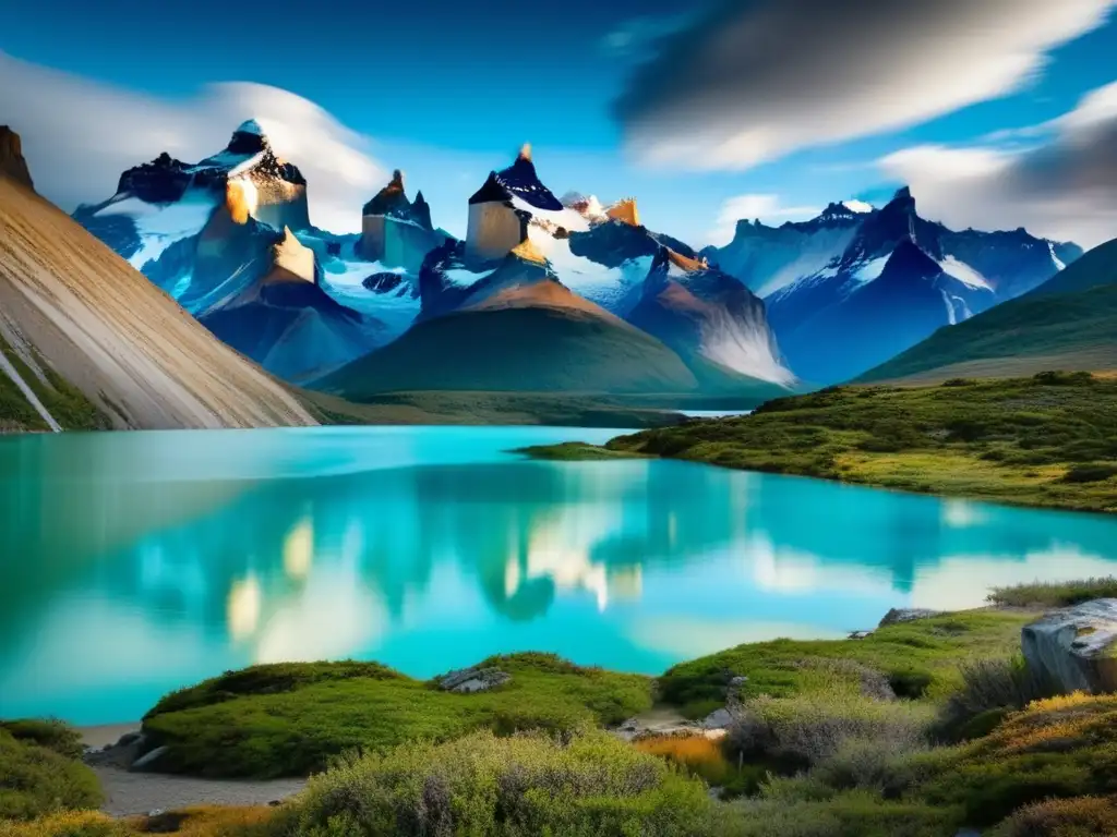 Panorama majestuoso del Parque Nacional Torres del Paine en Chile: Torres del Paine, lagos, montañas nevadas y biodiversidad