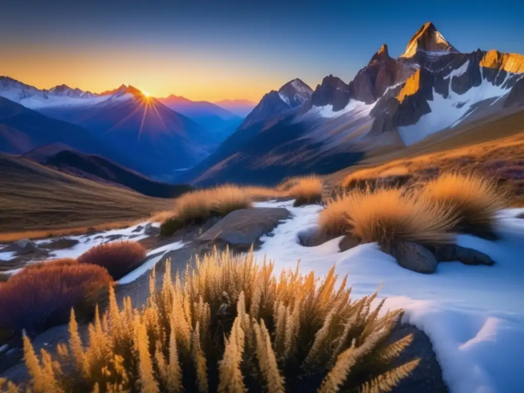 Panorama impactante de montañas escarpadas bañadas en cálidos tonos dorados al atardecer