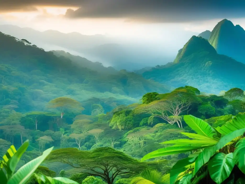 Escena asombrosa del Parque Nacional Corcovado en Costa Rica: montañas nebulosas, sendero serpenteante y aves coloridas