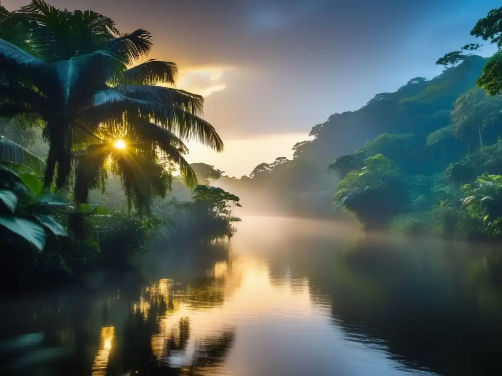 Guía acampada Parque Nacional Tortuguero: Imagen 8k del atardecer en el parque, con bosque tropical, río y tienda de campaña