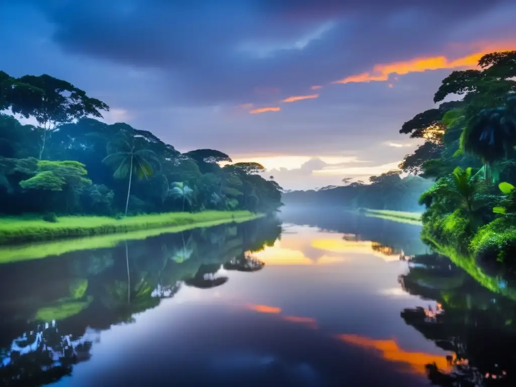 Guía acampada Parque Nacional Tortuguero: Paisaje misterioso con río, selva exuberante, cielo colorido y tortuga majestuosa