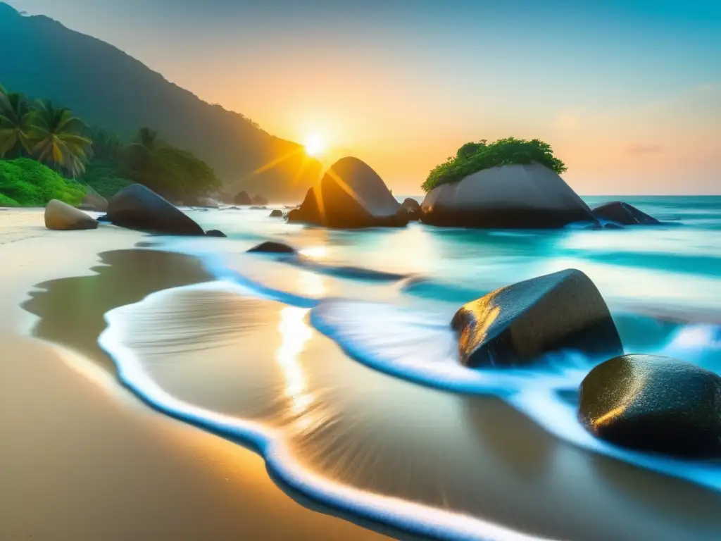 Descubriendo el encanto del Parque Nacional Tayrona en Colombia - Playa paradisíaca al amanecer, con aguas turquesas y montañas verdes