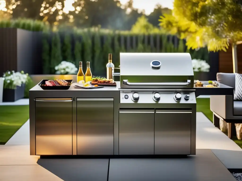 Preparación de carnes a la parrilla al aire libre, con estación elegante y moderna y deliciosos platos