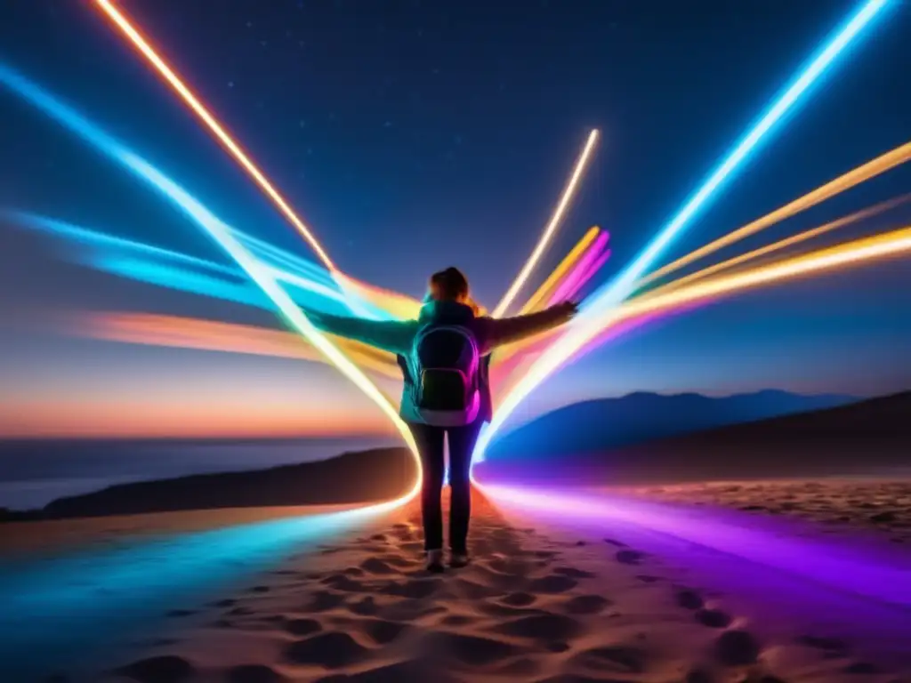 Fotografía nocturna con luces creativas: imagen impactante de una figura solitaria en un entorno oscuro, iluminada por una pintura de luz multicolor