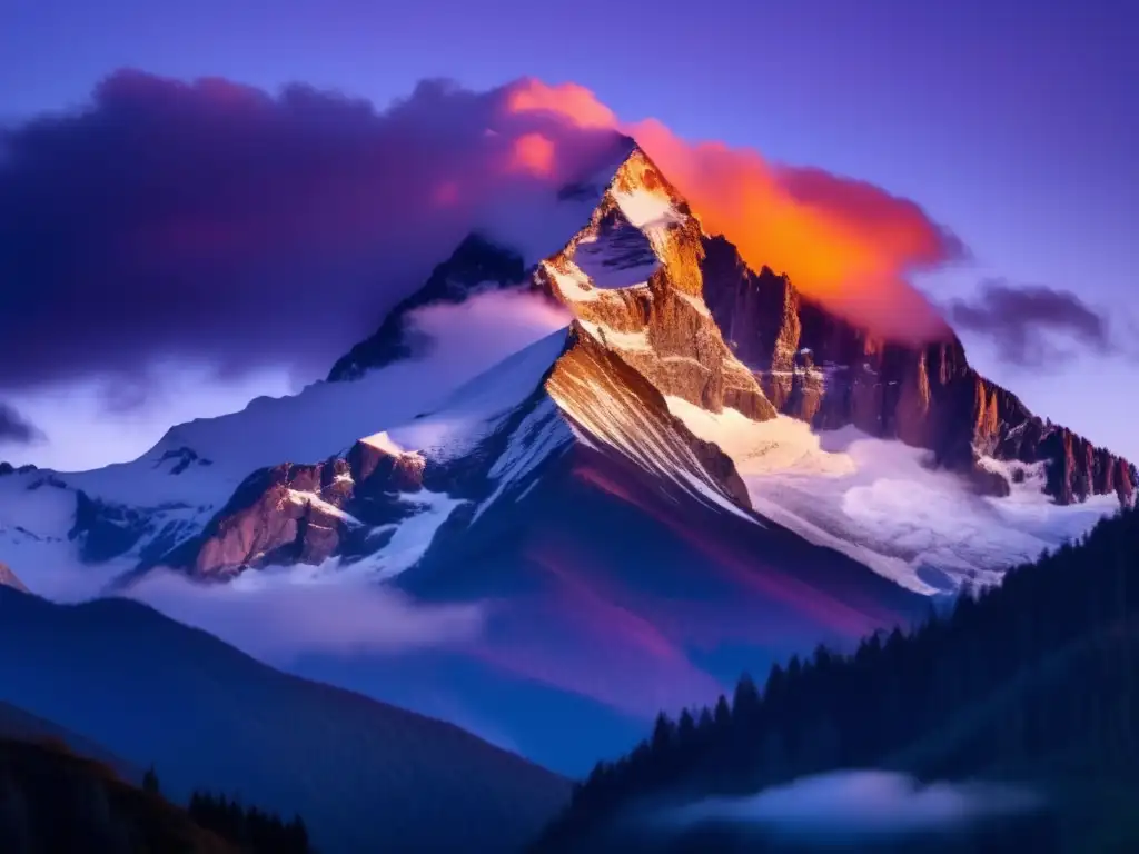 Equipo de camping para montaña: preparación en majestuosa imagen de montaña al atardecer con nubes y picos nevados