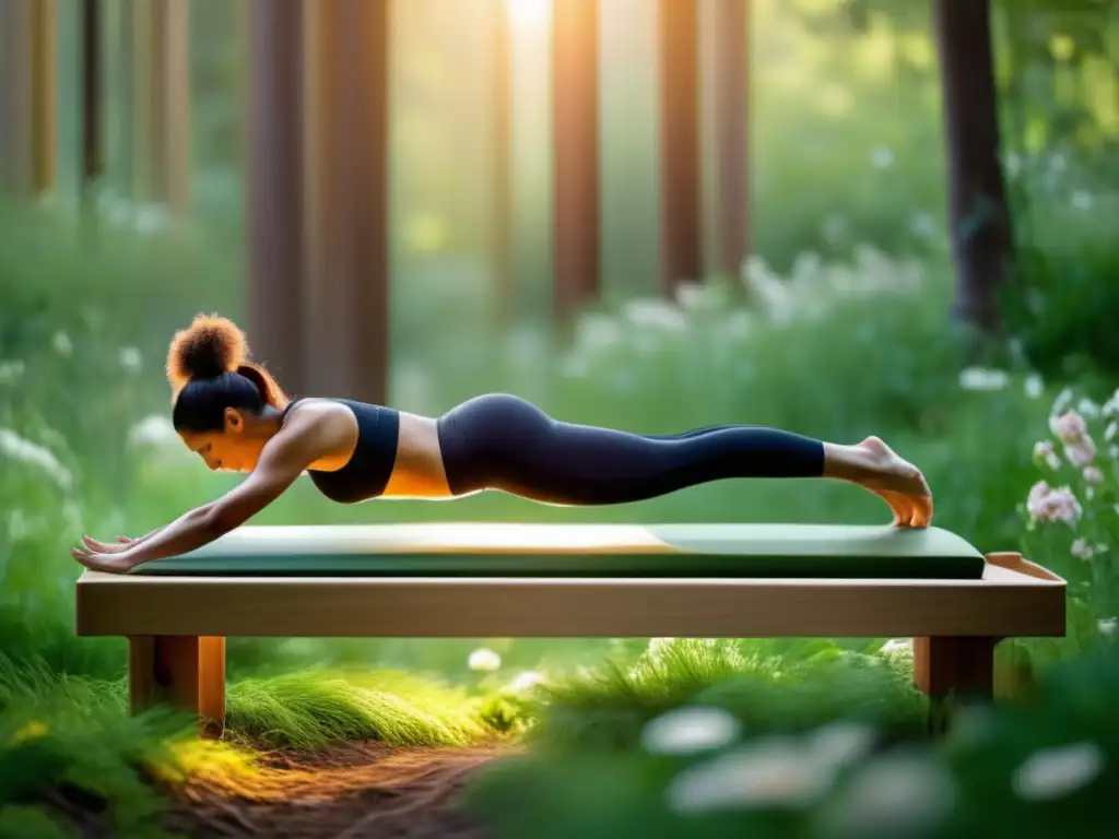 Beneficios del Pilates al aire libre: Practicar Pilates rodeado de naturaleza, en un bosque sereno y exuberante, bajo la cálida luz dorada del sol