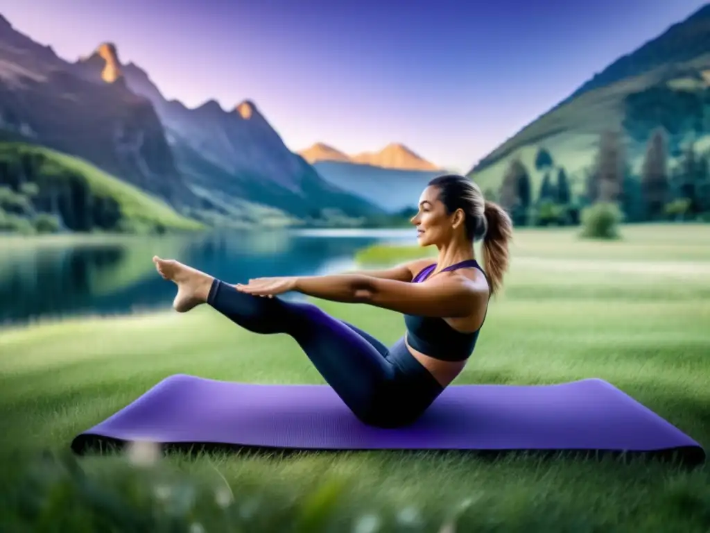 Mujer practicando Pilates en paisaje natural, transmitiendo fuerza y tranquilidad