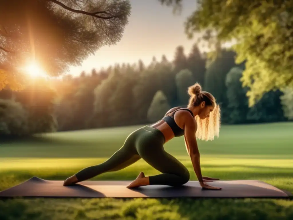 Beneficios del Pilates al aire libre: paisaje sereno con meadow verde rodeado de árboles altos, persona haciendo ejercicio en yoga mat