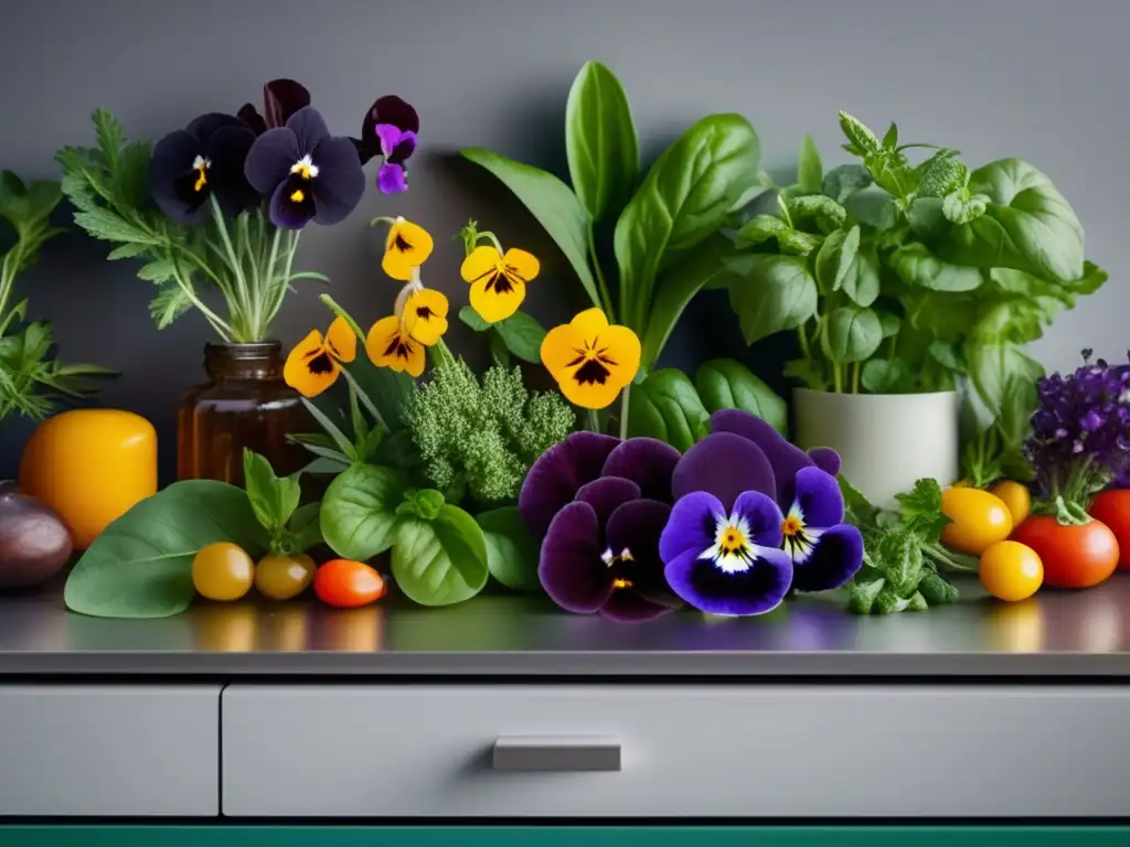 Plantas comestibles para ensalzar en una imagen 8k ultradetallada de una hermosa variedad de hierbas y flores en una encimera de cocina moderna