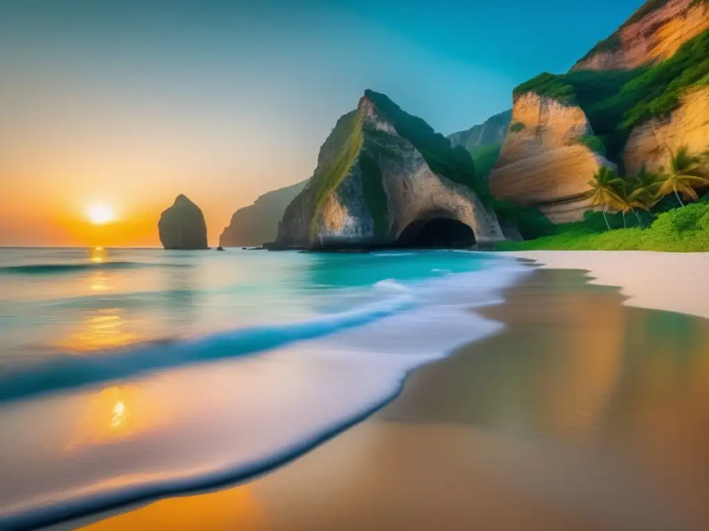 Impacto negativo del turismo en espacios naturales: Playa virgen, aguas turquesas, acantilados, amanecer colorido, llamado a la preservación