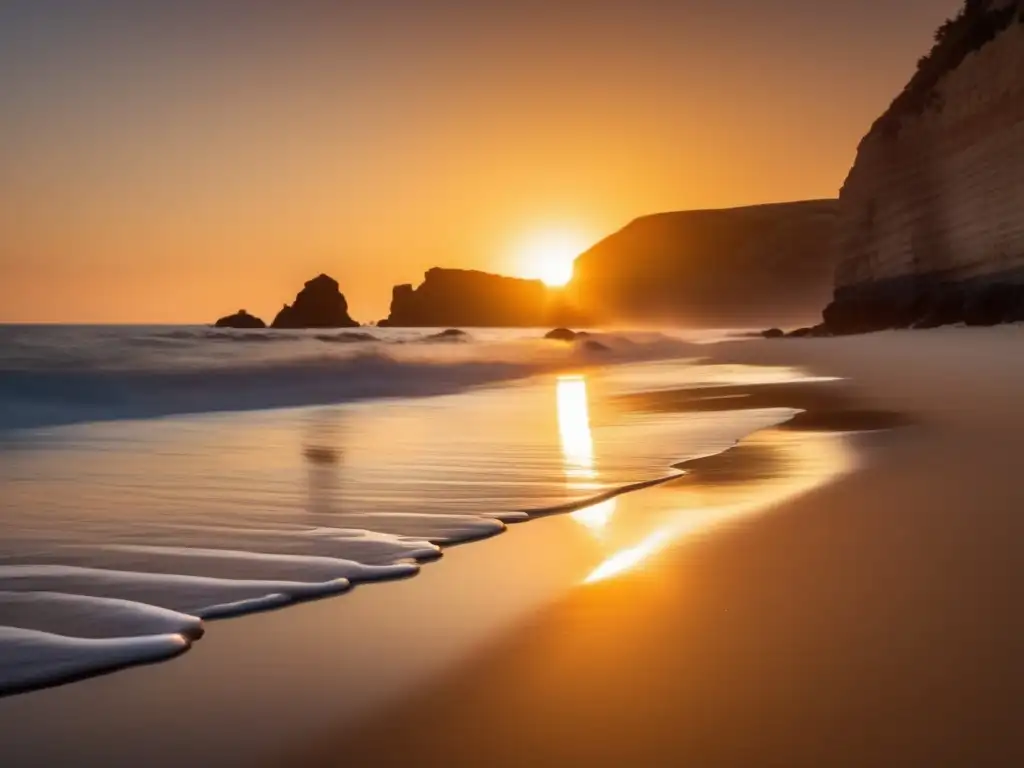 Consejos de yoga en la playa: imagen serena y cautivadora de una playa aislada al atardecer, con una cálida luz dorada que ilumina la escena