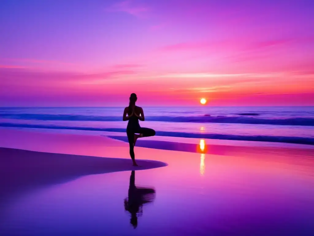 Beneficios del yoga al amanecer en la naturaleza: playa serena al amanecer, cielo rosado y figura practicando yoga